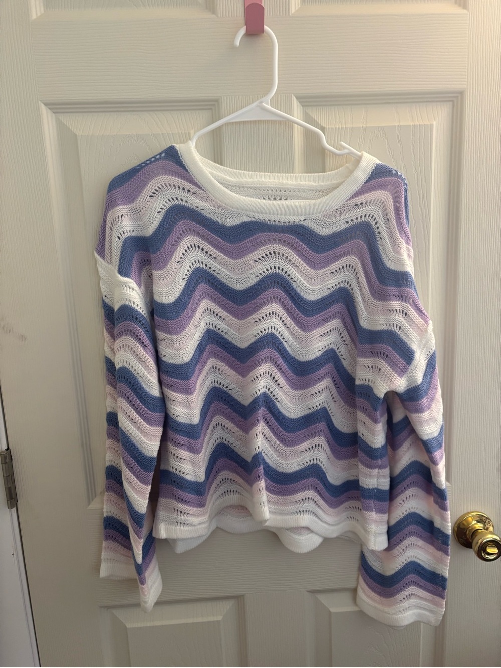 Lightweight Wave-Stripe Knit Sweater in White, Lavender & Blue